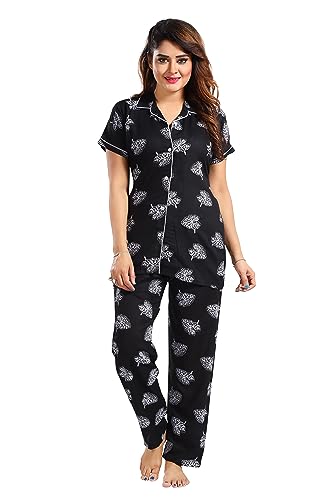 Image of Women's Cotton Heart Printed Night Suit Set of Shirt and Pyjama