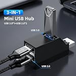 3 Ports USB Hub avec 3.0 et double 2.0 USB Adaptateur portable USB 1 à 3 pour U-Disk, Keyborad, Souris, Disque dur mobile, etc. (Noir)