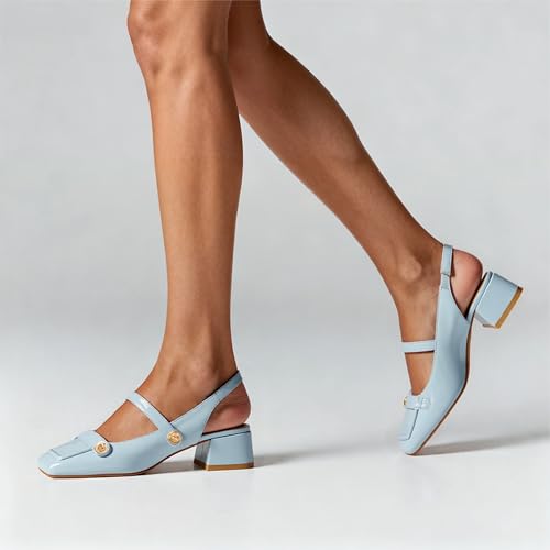 Image of Slingback Mary Jane Heels for Women Low Block Heel Closed Square Toe Pump Shoes Heels Classic Daily Office Dressy Shoes