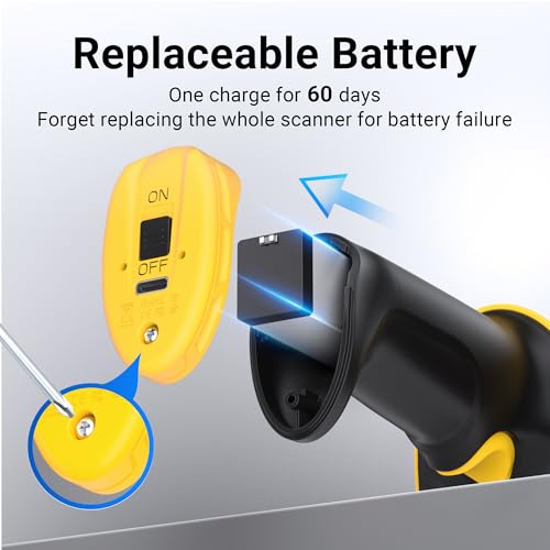 Image of Tera Pro Barcode Scanner with Power Switch Battery Level Indicator 4400mAh Replaceable Battery Wall Mountable Stand 1D 2D QR Works with Bluetooth 2.4G Wireless USB Wired Bar Code Reader D6100 Yellow