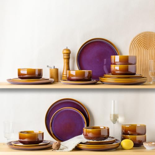 Image of TheTerra Ceramic Dinnerware Set for 4, 16-Piece Plates and Bowls Set | Handmade Reactive Glaze Dish Set, Scratch Resistant, Oven & Microwave & Dishwasher Safe, Amber Amethyst