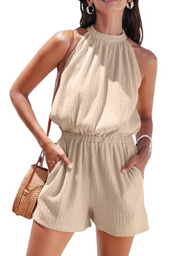CUPSHE Damen Sommer Jumpsuit Neckholder Ärmellos Strampler Elastische Taille Weite Beine Hinten Binden Overall Strand Pl...