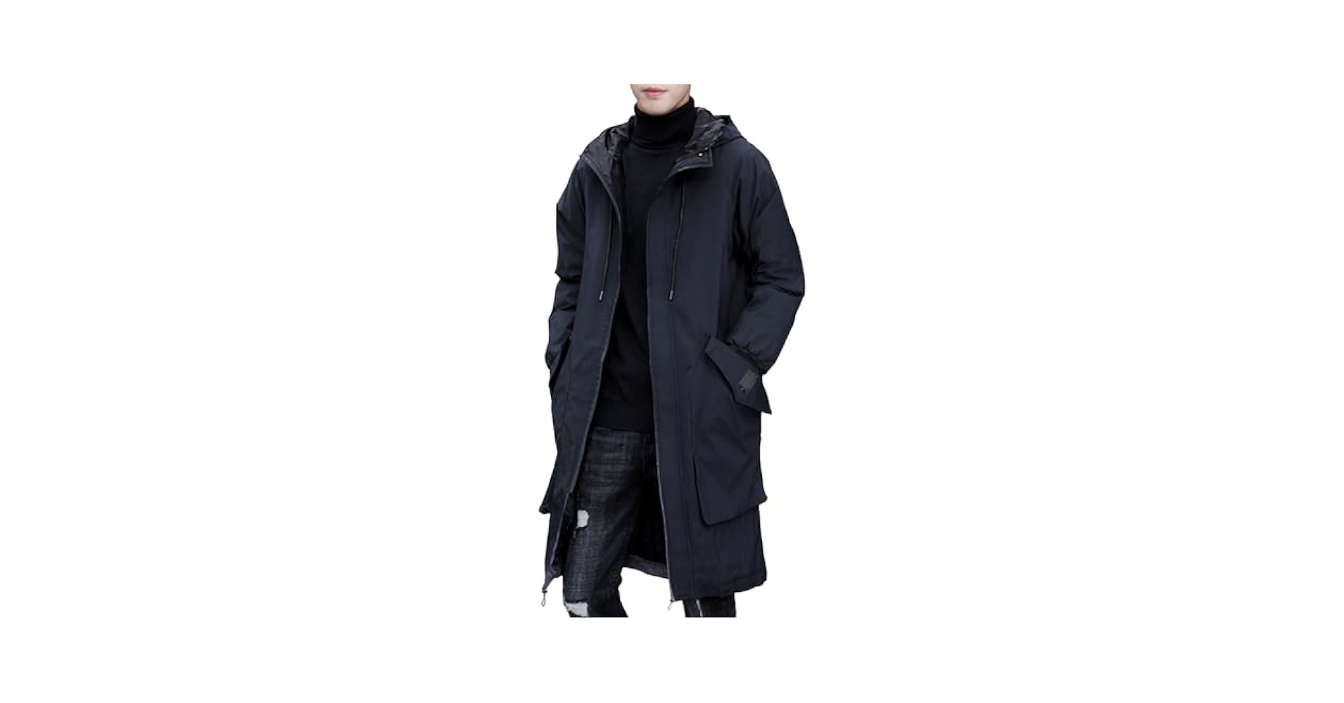 Gsywaipei Men's Hooded Length Trench Coat Casual Windproof