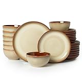 Pokini Ceramic Dishes Set for 8, 24 Piece Stoneware Dinnerware Sets, Chip and Scratch Resistant, Easy to Stack & Clean, Modern Rustic Look, Brown Yellow