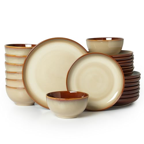 Image of Pokini Ceramic Dishes Set for 8, 24 Piece Stoneware Dinnerware Sets, Chip and Scratch Resistant, Easy to Stack & Clean, Modern Rustic Look, Brown Yellow