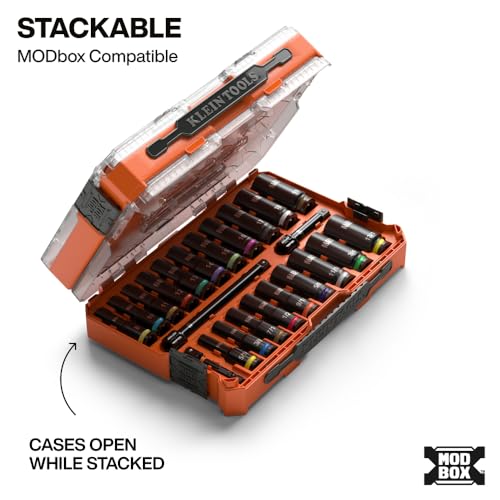 Image of Klein Tools 65121IMPCT KNECT Deep-Well 3 /8-Inch Drive Impact Socket Set, SAE and Metric, 23-Piece Tool Set, Impact Driver Adapter, Multi-Purpose Wrench Adapter, Color-Coded, MODbox Socket Organizer