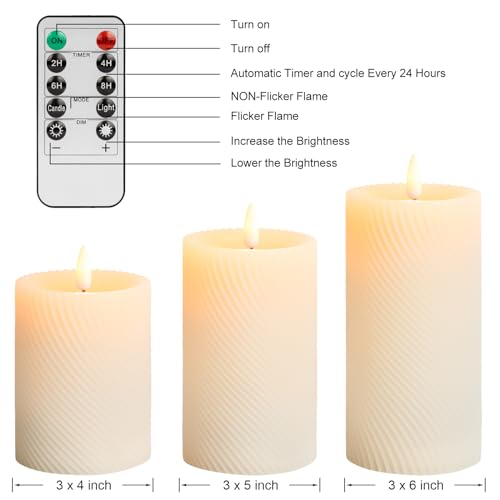 Image of Real Wax Flameless Candles LED Pillar Candles with Remote Timer Set of 3 | 3D Flame Effect Warm Flickering Glow 2 /4 /6 /8H Timer Ivory Wax Candles for Wedding, Christmas & Home Fireplace Decor