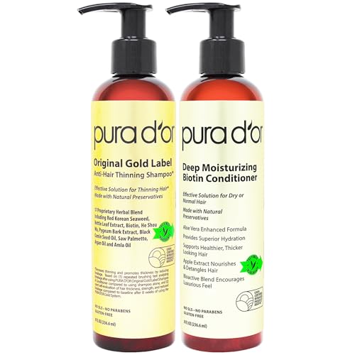 PURA D'OR Anti-Thinning Biotin Shampoo and Conditioner Natural Earthy Scent, CLINICALLY TESTED Effective Results, Herbal Blend Thickening Products For Women & Men, Original Gold Label Set, 8oz x2