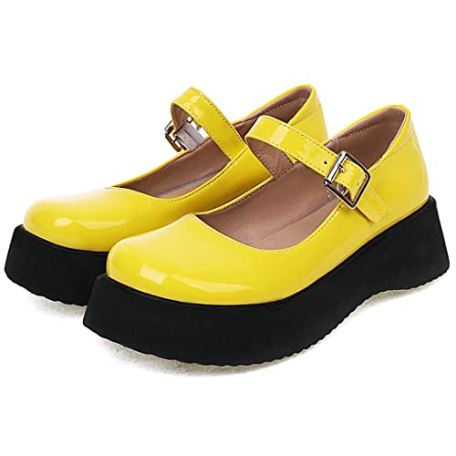 UniqueStride Womens Goth Mary Jane Platform Wedge Mid Heel Patent Leather Pumps Round Toe Buckle Gothic Cute Shoes