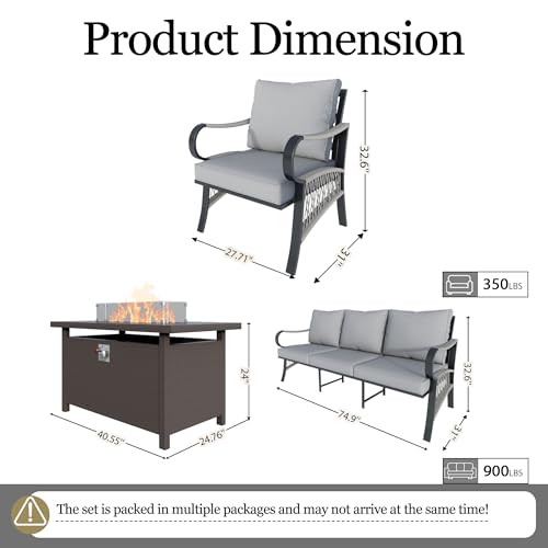 Image of 4-Piece Outdoor Furniture Set, Patio Conversation Set Include 3-Seater Sofa Couch Single Chairs with Fire Pit Table for Deck, Porch, Garden, Backyard, Poolside (Gray Cushions)