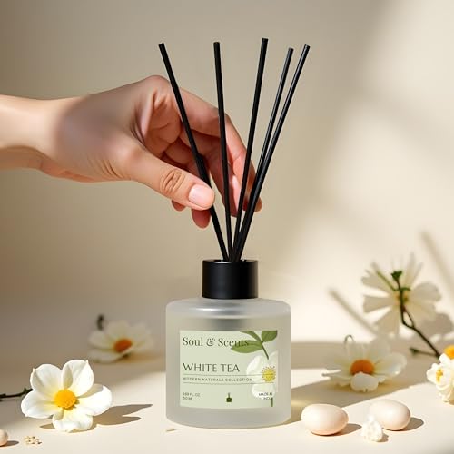Image of Soul & Scents 50ml White Tea Reed Diffuser Set | Refreshing Aroma of White Florals & Sea Breeze | Get 5 Rattan Reed Sticks | Smoke Less Room Freshener for Home, Bedroom, Living Room & Office