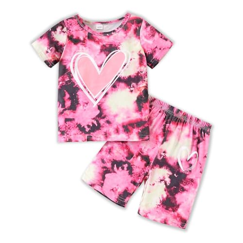 Image of Kids Girl Clothes Tie Dye Heart Print Short Sleeve Top and Shorts Toddler Girl Summer Outfits Short Set