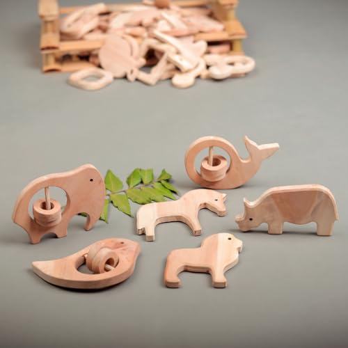 Image of Natural Neem Wood Baby Teether - Handmade Animal Shape Wooden Toy - Non-Toxic, Organic Chew Aid for Teething - Safe for Gums - Biodegradable, Eco-Friendly Gift for Infants & Toddlers (Neem Wood Baby Teether Set -6)