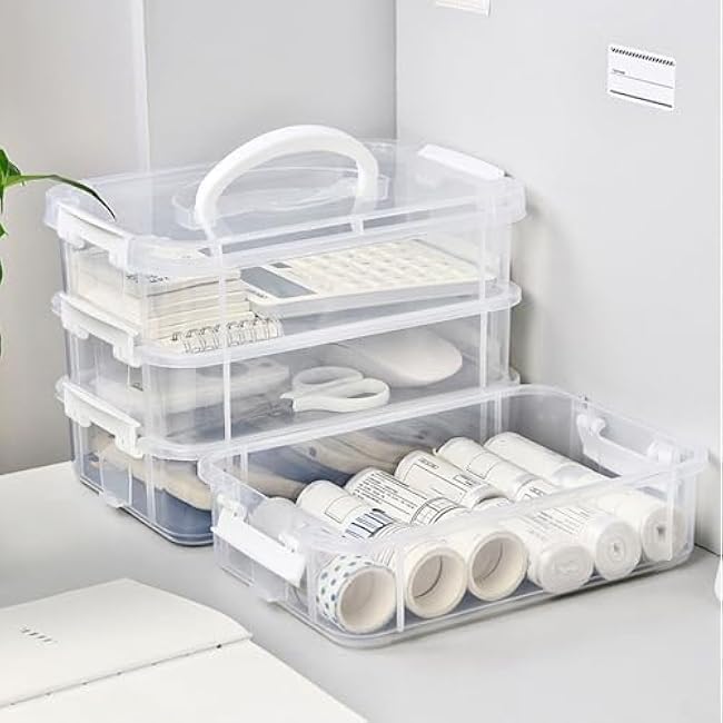 PUSOKEI Stack Carry Storage Box, Stackable Storage Container Box Versatile Transparent with Lid for Office for Home (White)