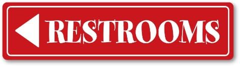 GRX1124 Aluminum Sign LARGE 24 in x 6 in: RESTROOMS. ARROW LEFT (red/white) Style 3