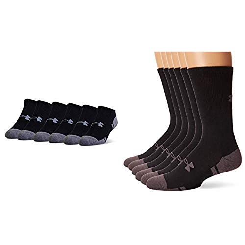 Under Armour Adult Resistor 3.0 No Show Socks, 6 Pairs, Black/Graphite, Shoe Size: Mens 9-12.5, Womens 11-13 & Under Armour Resistor 3.0 Crew Socks, 6-Pairs, Black/Graphite, Large