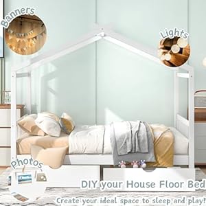 House Beds Wood Platform Bed Frame with Storage Drawers Full Size Platform Bed with Headboard & Footboard for Kids Boys Girls Teens, White House Beds Wood Platform Bed Frame with Storage Drawers Full Size Platform Bed with Headboard Footboard for Kids Boys Girls Teens White