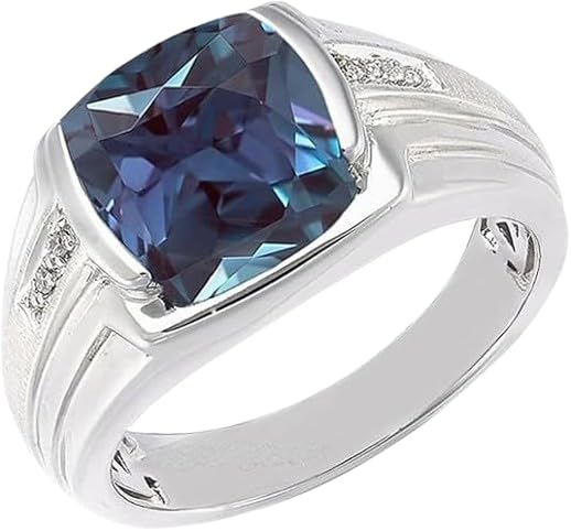 925 Sterling Silver Mens Alexandrite Wedding Groom Ring Color Changing Lab Created Alexandrite 10 X 10 MM Cushion Ring (Alex Ring-34) (10)