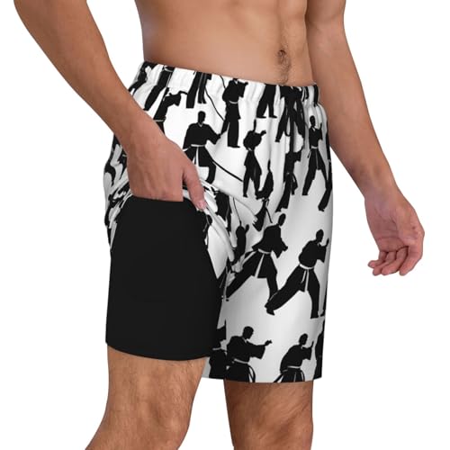 Silhouettes of Martial Arts Mens Double Polyester Swimsuit Trunks Swim Shorts with Compression Liner and Patch Pocket.3