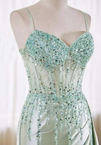 Sparkly Beaded Satin Prom Dresses with Slit Lace Appliques Spaghetti Strap Long Mermaid Evening Gown4