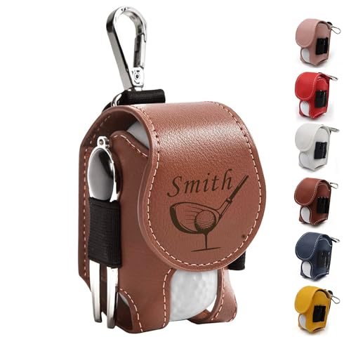 EDSG Personalized Golf Ball Bag Leather Golf Ball & Tee Holder with Belt Clip Personalized Gifts for Men Women Golfers Fathers Day Birthday Personalized Gift for Dad Grandpa Uncle (Brown)