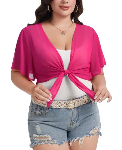 Image of Women Crop Cardigan Sheer Mesh Bolero Shrugs for Dresses Plus Size Tie Front Cardigans Ruffled Short Sleeve Tops