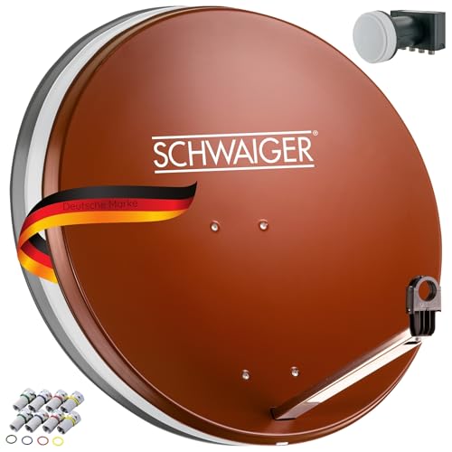 SCHWAIGER 524 Installation Satellite Kit Satellite Parabole Quad LNB numérique 8X F-fiches 7mm Antenne Sat en Acier Kit Complet Rouge Brique 75 x 85cm