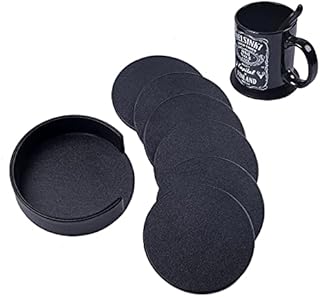 Round Drink Coasters Set of 6 Drink Coasters PU Leather Coasters for Drinks Coffee Mats Protect Furniture Cup Pad Mat Black Mug Coaster Non Slip For Homes & Bars for Cups, Mugs, Presents for Friend.