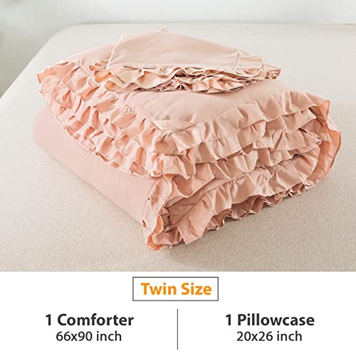 Andency Blush Ruffle Comforter Set, 2 Pieces Kids Comforter Set Twin(66X90Inch), Farmhouse Shabby Chic Comforter Set, Soft Microfiber Kids Bedding Set #TOP1