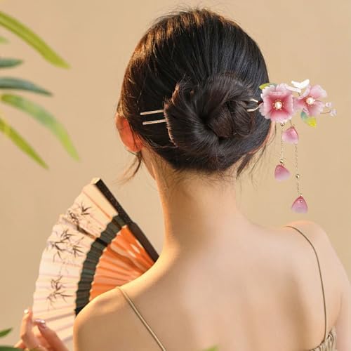 Pinza para cabello artesana con flor de durazno rosa y hojas, con borla miniatura 5