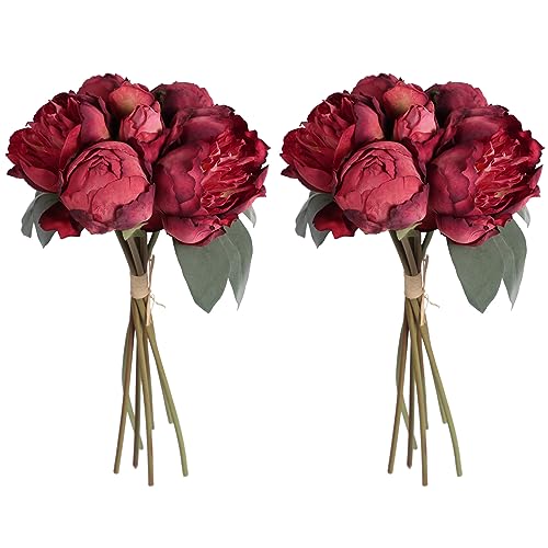 ICBOX 2 Bouquets Red Peonies Silk Flowers 14Heads Faux Peony