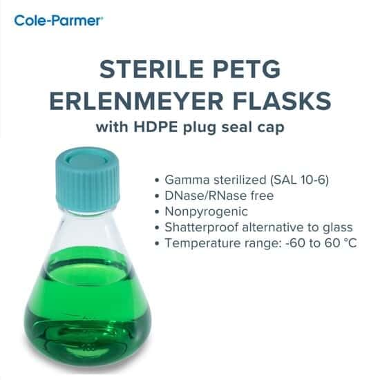 Cole-Parmer Sterile Erlenmeyer Flasks, PETG, Seal Cap, 250mL (8 oz); 12/Cs
