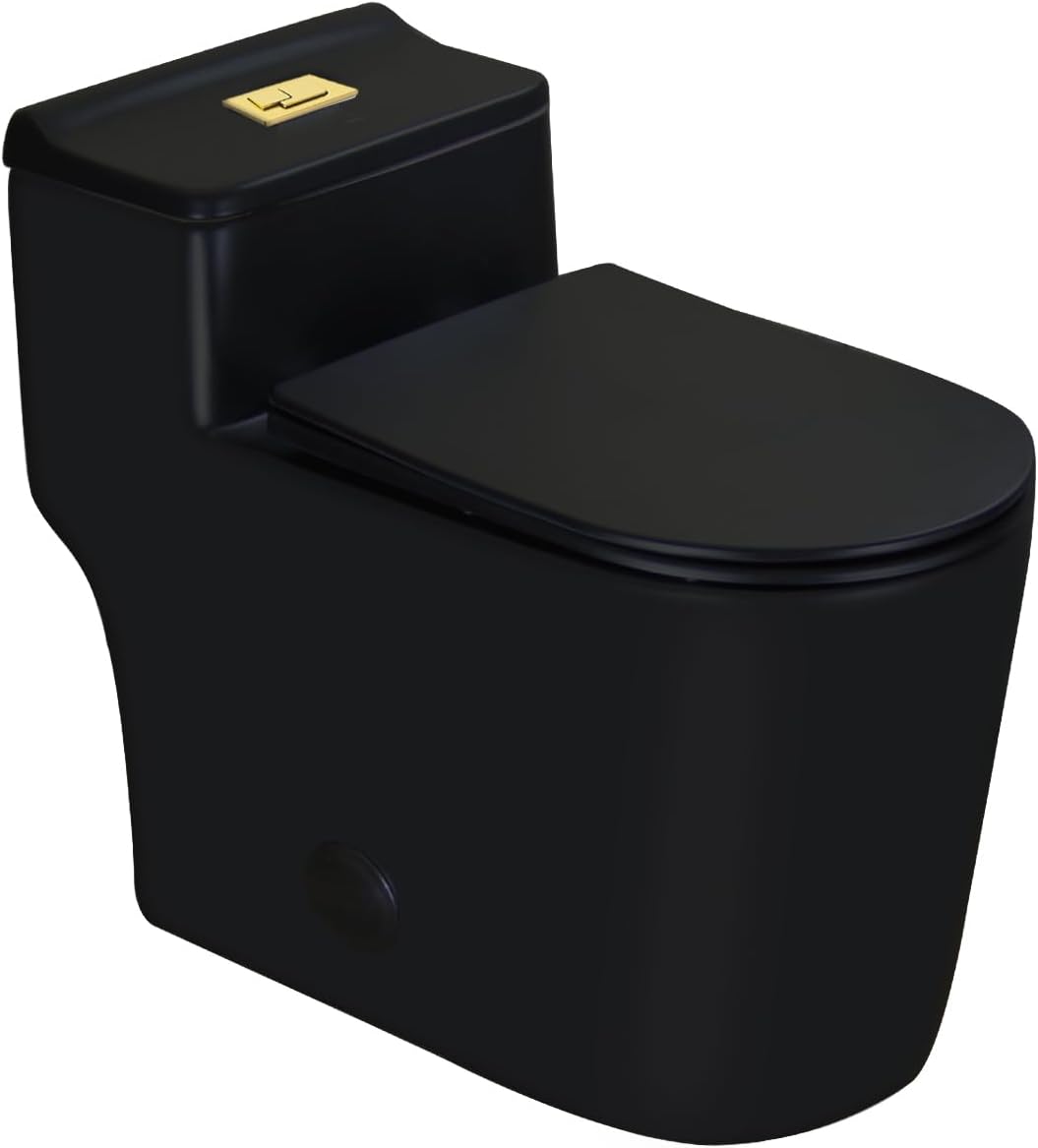 WinZo WZ5080B-G Compact One Piece Toilet With Golden Square Dual Flush 1.28 GPF 17.25" Comfortable Elongated Tall Bowl 12” Rough-in, Matte Black