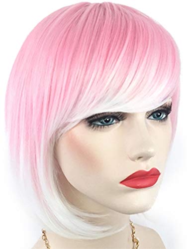 Cotton Candy Pink Ombre White Short Straight Wigs and 1 Hair Cap, Women's Rose Net Synthetic Bob Wig, Party Costume Cosplay Hair with Bangs; WIG7E