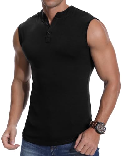 PCEAIIH Men's Sleeveless Henley Vest Athletic Tank Fitness Slim Running Sports Top Fashion Muscle T-Shirt Black - Image 2