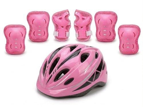 Image of JERN 7 Pieces Kids Children Plastic Roller Skating Bicycle Cycling Scooter Helmet Knee Elbow Pad Wrist Guard Set (Pink)