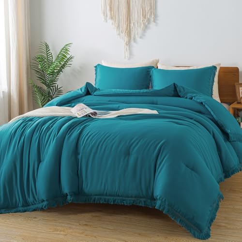 Andency Turquoise Comforter Set Queen, 3 Pieces Boho Teal Tassel Lightweight Bedding Comforter Sets, All Season Teal Blue Soft Fluffy Fringe Bed Set (90x90In Comforter & 2 Pillowcases)