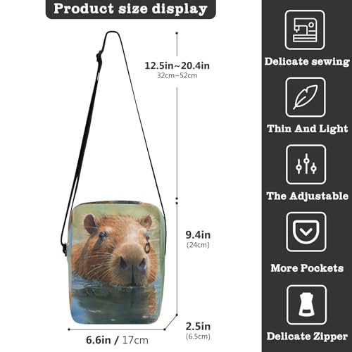 Swimming Capybara Sling Bag Zipper Closure Crossbody Messenger Bag with Card Phone Passport Compartment 6.6×9.4×2.5 inches3