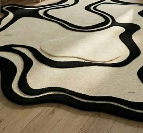 Image of Hand Tufted Wool Rug 6x8 Ft - Modern Irregular Shape Aesthetic Carpet, 1 Inch Thick Pile, Anti-Skid Backing, Soft Handmade Woolen Area Rug for Living Room, Bedroom, Hall Decor