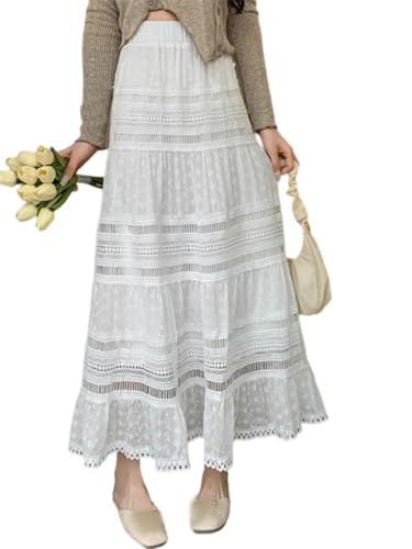 2025 New Spring/Summer Patchwork Skirt Women's Fashion Design Chic Embroidery Lace Hollow Out White Long Skirt2