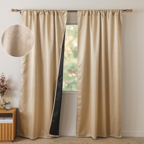 Image of HOMEMONDE 100% True Blackout Curtains 8 Feet Long - 1 Piece Curtain| Embossed Design | Light Block Thermal Insulated & Noise Reducing Top Style Rod Pocket Curtains (Beige, 96Inch)