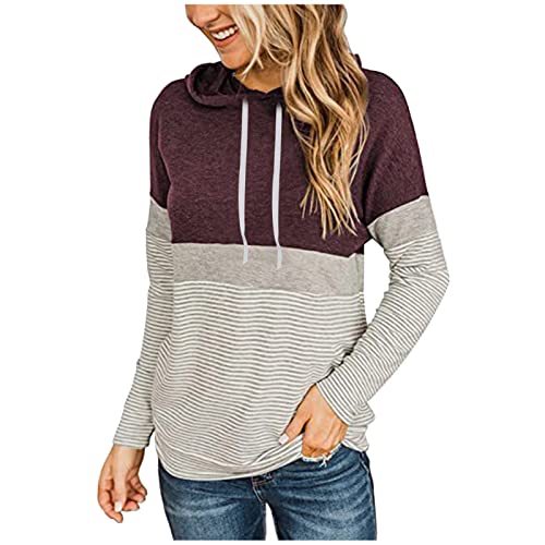 PBNBP Women's Color Block Pullover Hoodies with Pockets Athletic Sweatshirts Drawstring Hooded Tops Long Sleeve Casual Blouse A09_wine Large