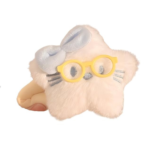 Cute Plush Cat Hair Clip, Star Shaped Furry Hair Barrette with Yellow Glasses & Bow, Fluffy Bangs Side Clip for Women Girls, Sweet Aesthetic Hair Accessories,Blue