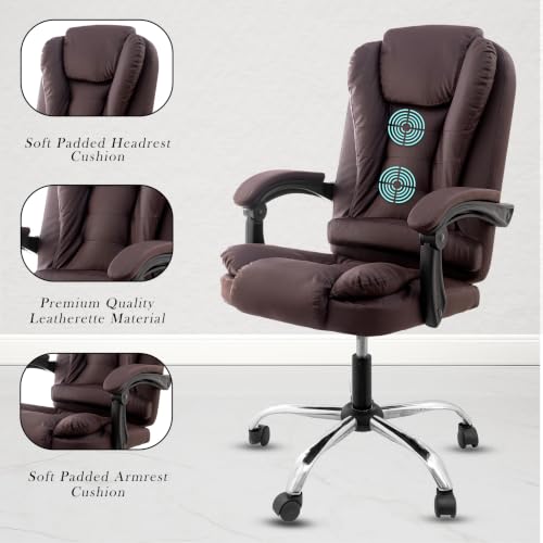 Image of NORMAN JR Italia Premium Leatherette Office Chair for Work | Boss Chair, Ergonomic Executive, Luxurious Cushioned Arms & Seat, 2 Point Back Massager, Heavy Duty Metal Base (Brown)