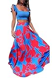 Vakkest Women Ladies Outfit Beach Suits Wrapped Crop Top Skirt Set Party Club Maxi Dress Blue