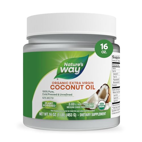 Nature's Way Organic Extra Virgin Coconut Oil, Pure, Cold-Pressed Organic Virgin Coconut Oil, Hexane Free, Gluten Free, Contains 62% MCTs(1), Non-GMO Project Verified, 16 Oz