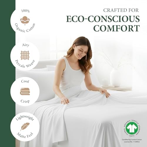 Ashton Sheets 100% Organic Cotton Sheets Queen Size - 4 PC Organic Cotton Queen Size Percale Weave Sheet Set, Soft, Cooling, Crisp & Breathable, 16" Deep Pocket Hotel Quality Bedding Set - White - Thumbnail 2