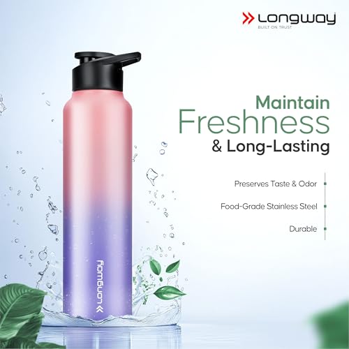 Image of Longway Rush 1 LTR Stainless Steel Water Bottle | Leak-Proof & Rust-Free Design | Perfect for School, Office, Home, Gym, Travel & Ideal for Men, Women & Kids (1000 ml, Aqua-Rose).