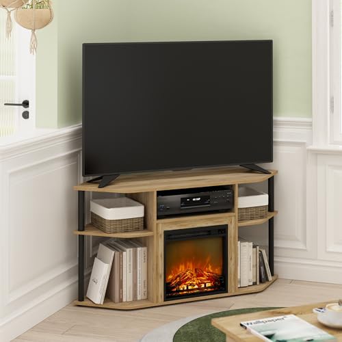 Image of Furinno Jensen Fireplace TV Stand, Corner Entertainment Center, TV Console for TV up to 55 Inch with Fireplace, Plastic Poles and Open Storage, for Living Room, Bedroom, Flagstaff Oak