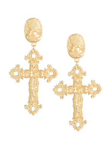 Sacina Gold-tone Cross Dangle Earrings, Gothic Vintage Earrings, Goth Jewelry, Halloween Christmas Jewelry Gift for Women